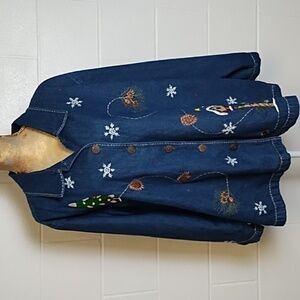 NorthCrest Winter Denim Barn Coat Chore Jacket Embroidery Appliques 26/28